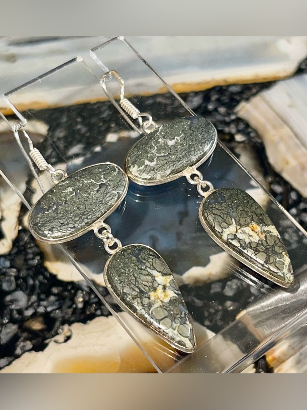 Pyrite Fools Gold Crystal Earrings 2 1/2”